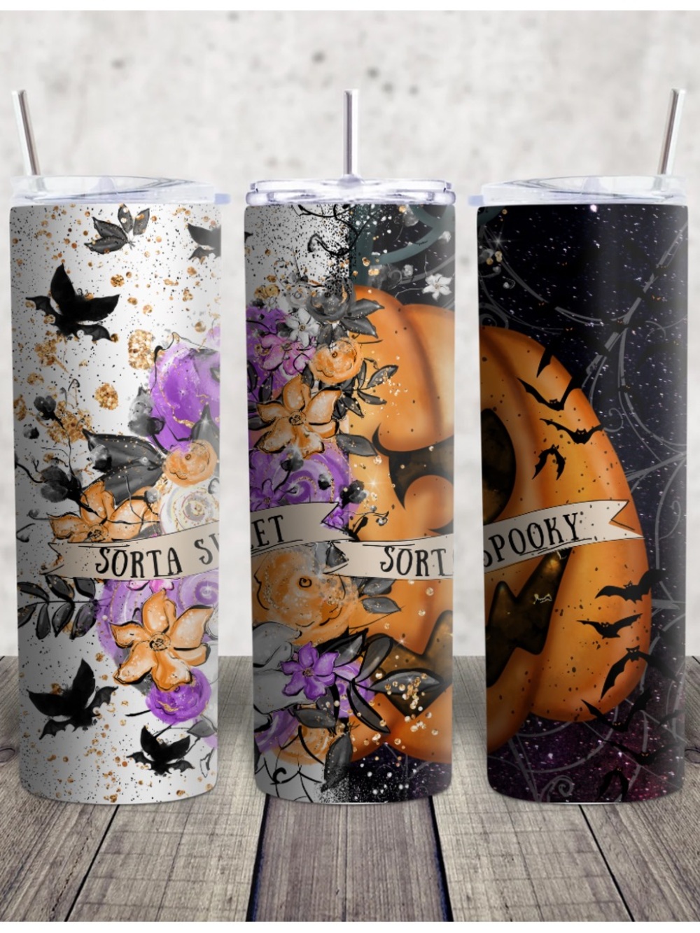 Hand Crafted Orange Purple Floral "Sorta Spooky" Drinkware Tumbler